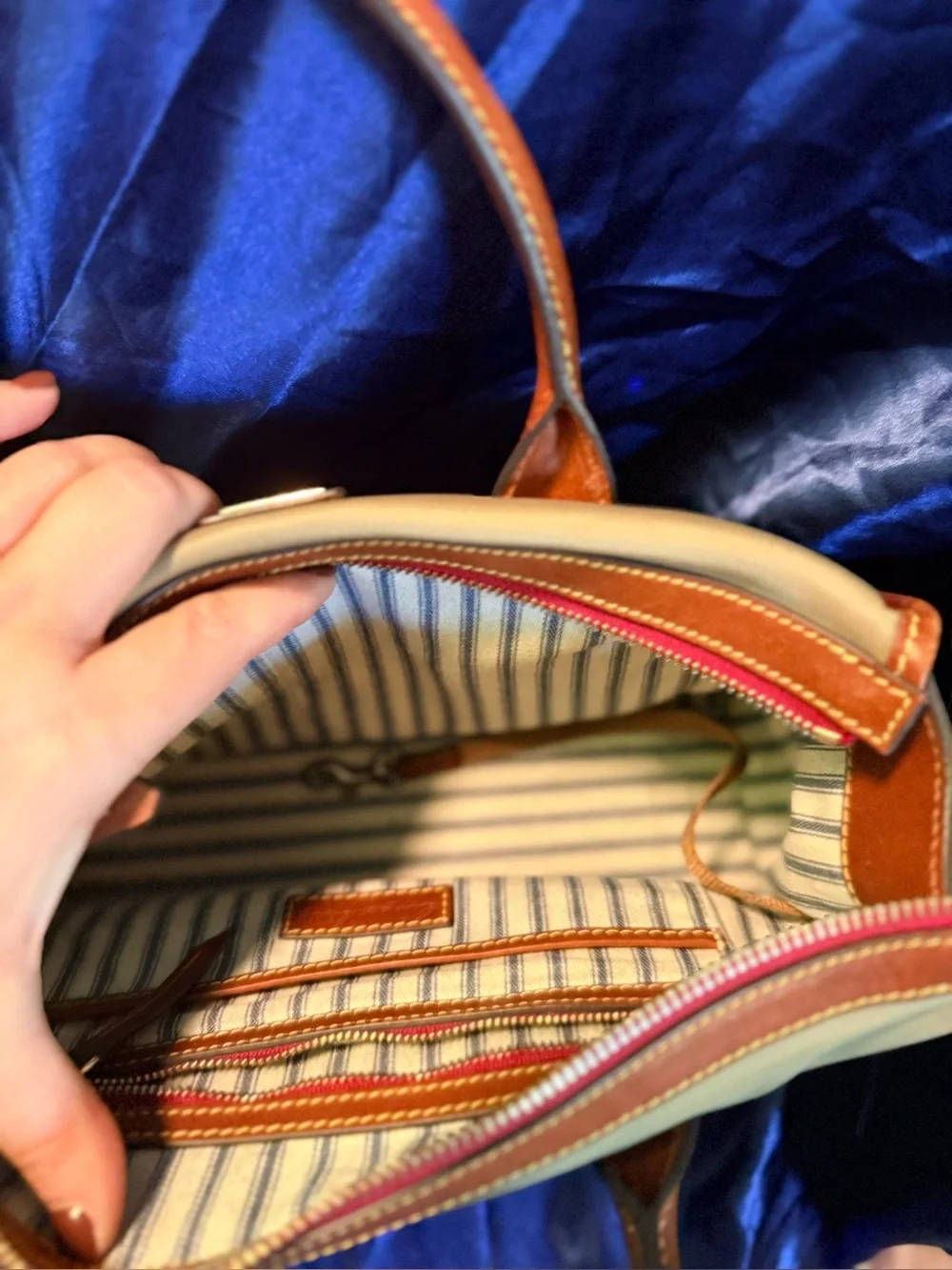 Dooney & Bourke Tan Satchel with Brown Leather Trim